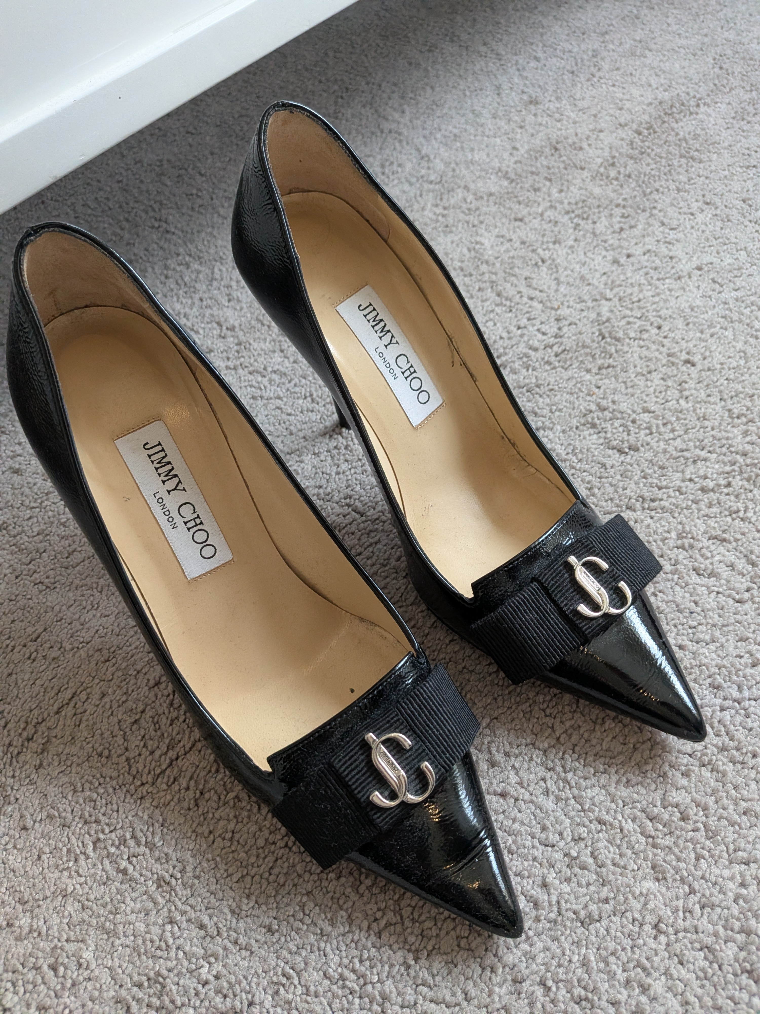 Jimmy Choo Black Patent Leather Pointed-Toe Pumps With Ribbon Bow